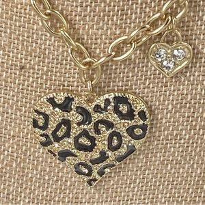 Guess Animal Print Heart Pendant Necklace, Gold Tone, 14” L, Heart 1.25”